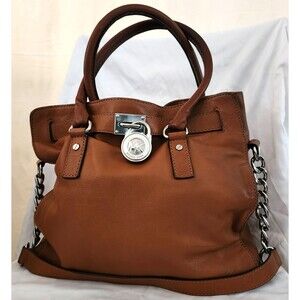 Michael Kors Hamilton Satchel Tote Leather Bag Cognac Silver Lock & Chain